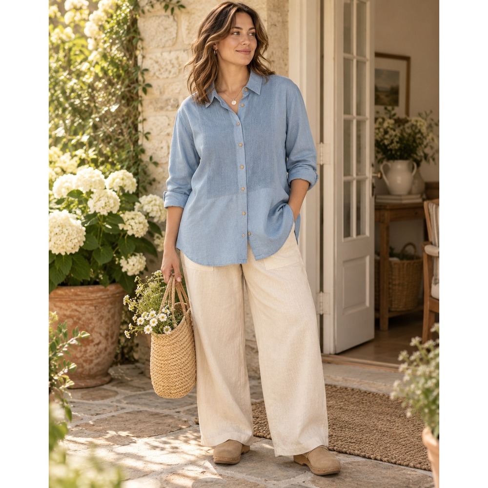 J. Jill Button Down Shirt Women Large Blue Cotton Pintuck Pleated Casual Top